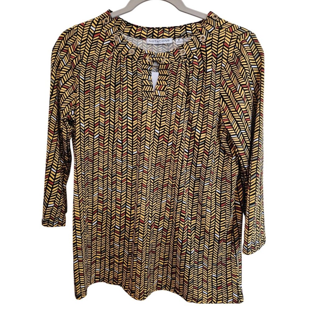 Notations Womens Blouse 3/4 Sleeve Abstract Yellow Keyhole Embellished Sz M NWT